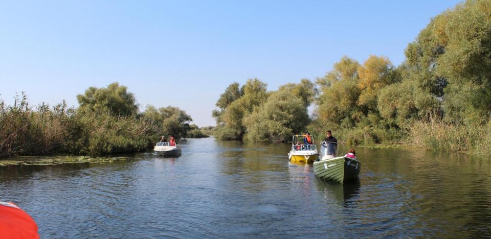 plimbare cu catamaranul pe lacul miazazi in delta